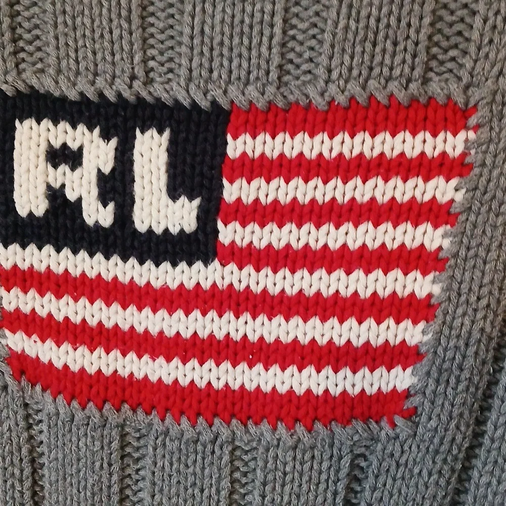 Vintage 90s Ralph Lauren Polo Jeans Thick Gray Ribbed Sweater With American Flag - Picture 2 of 5